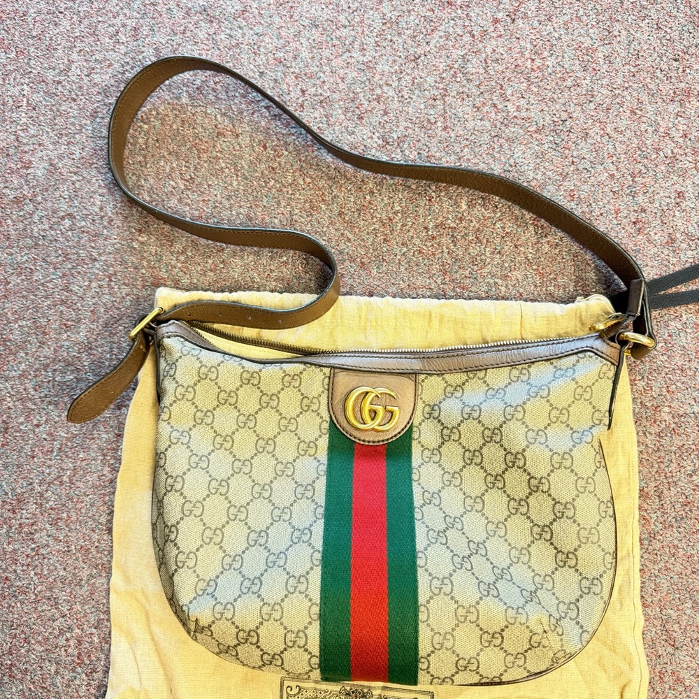 Gucci Beige GG Supreme Shoulder Bag with Green-Red Web and Brown Trim